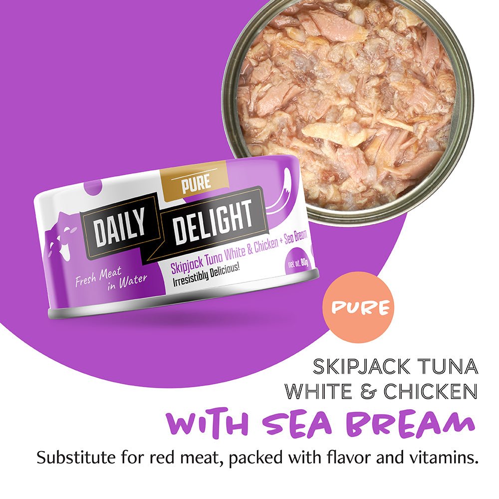 Daily Delight Pure Skipjack Tuna White & Chicken Wet Cat Food | Sea Bream (80g) - CreatureLand