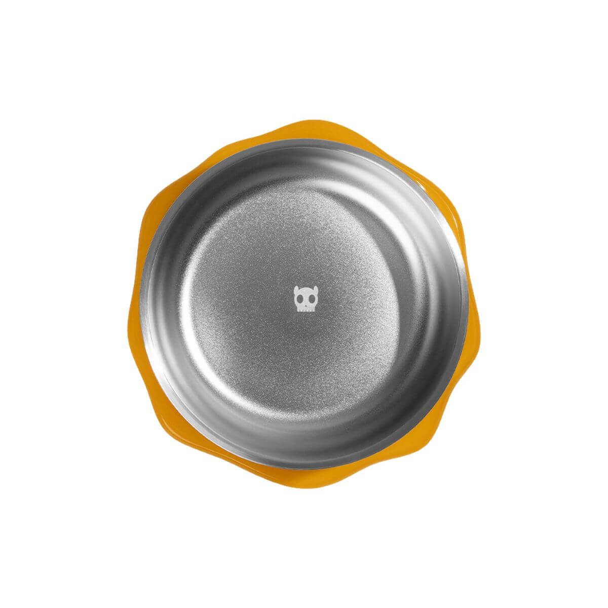 Top-down view of a round stainless steel pet bowl with a bright yellow flared rim and a small white cat logo in the center, set against a plain white background.