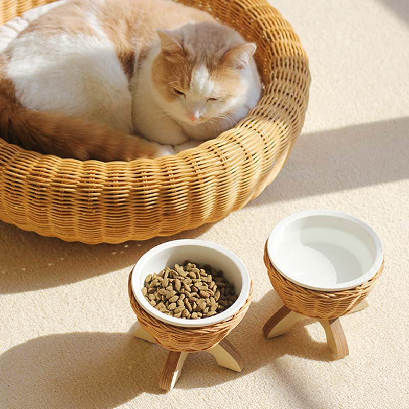 CatsCity Rattan & Ceramic Elevated Feeder - CreatureLand