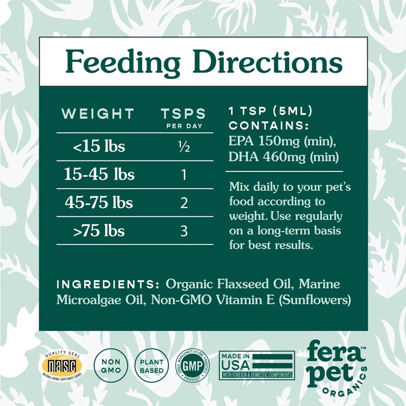 Fera Pet Organics Vegan Omega-3, 6, 9s Algae Oil For Dogs and Cats - CreatureLand