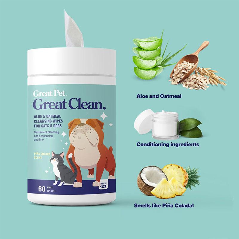 Great Pet® Great Clean Aloe and Oatmeal Cleansing Pet Wipes - 70 pcs - CreatureLand