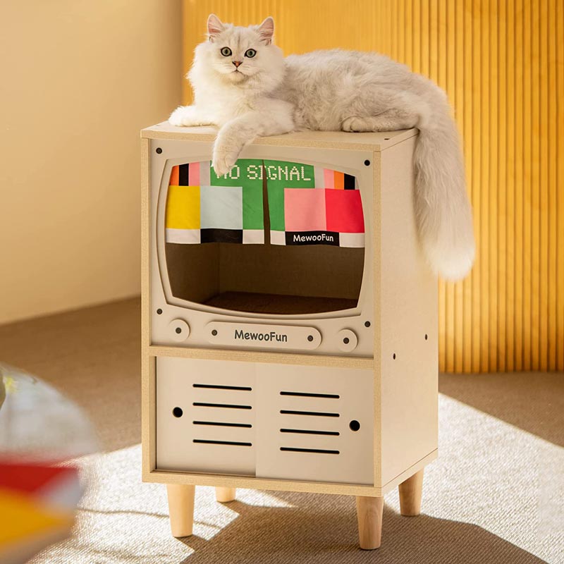 Mewoofun Wooden Tv Cat House with Scratcher & Storage (2 Colours) - CreatureLand
