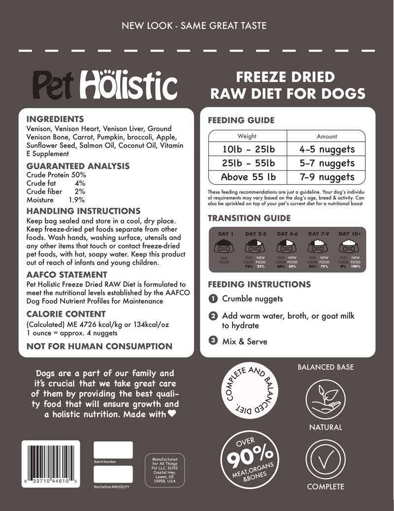 Pet Holistic Freeze Dried Raw Dog Food - Venison (14oz) - CreatureLand
